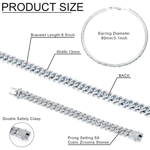 Cuban Link Chain Necklace Bracelet Set, Rhinestone Earrings, Bling Jewel… - Picture 3 of 6